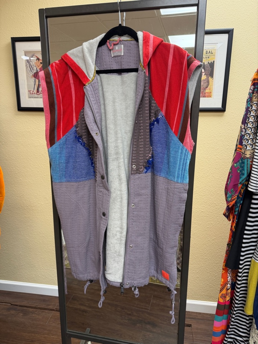 Free people Oversized heavy terry-type fabric Hooded Patchwork vest